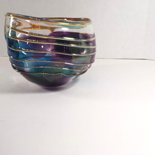 Scott & Laura shops Curry Handblown Art Glass Bowl Gold Leaf and Applie Gold