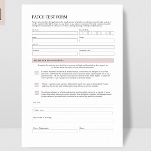 Pu&ograve; includere: Un modulo di test del cerotto bianco con testo nero, inclusi campi per nome completo, e-mail, indirizzo e data di nascita. Il modulo include caselle di controllo e una sezione per la firma del cliente e la data. Un'icona PDF si trova nell'angolo in alto a sinistra.