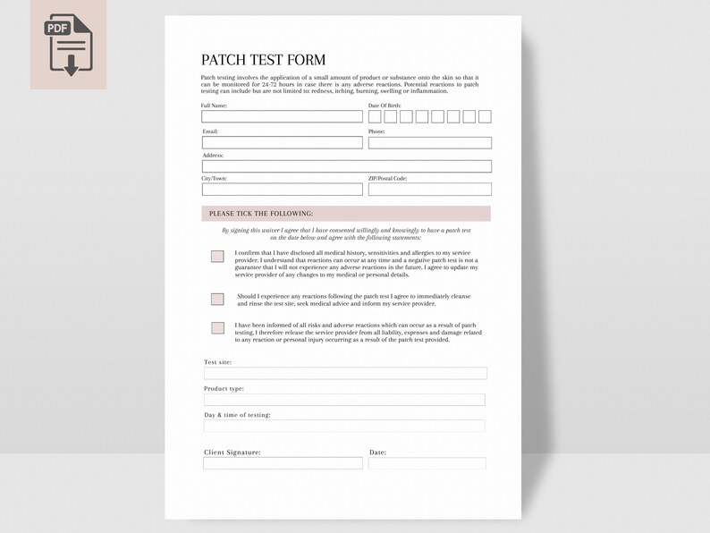 Pu&ograve; includere: Un modulo di test del cerotto bianco con testo nero, inclusi campi per nome completo, e-mail, indirizzo e data di nascita. Il modulo include caselle di controllo e una sezione per la firma del cliente e la data. Un'icona PDF si trova nell'angolo in alto a sinistra.