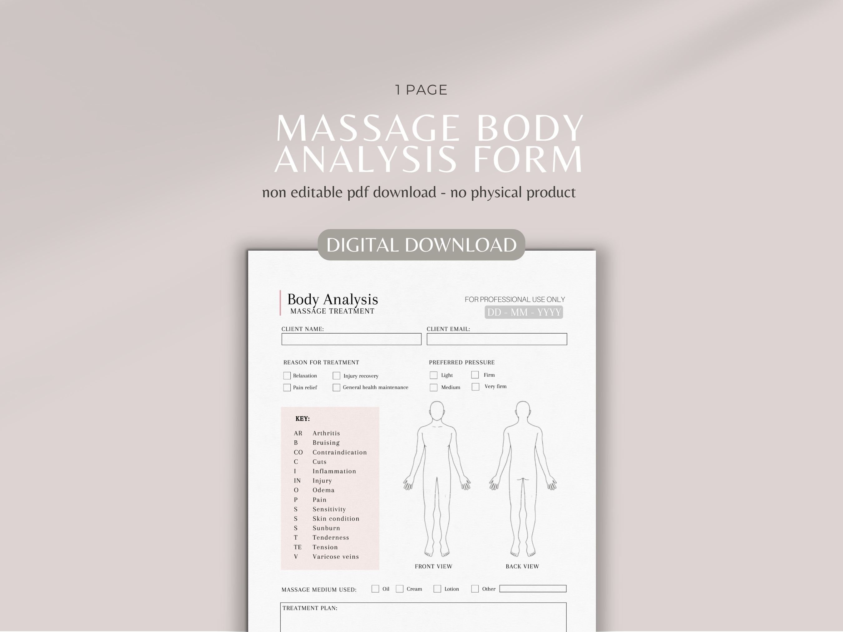 Massage Body Analysis Printable Form | Digital Form | Massage Therapy ...