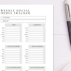 May include: A printable weekly social media tracker with sections for likes, comments, total followers, new followers, accounts reached, and accounts engaged. The tracker is divided into days of the week, from Monday to Sunday.