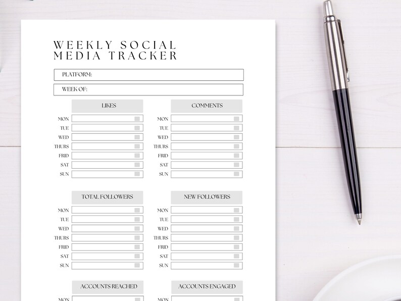 May include: A printable weekly social media tracker with sections for likes, comments, total followers, new followers, accounts reached, and accounts engaged. The tracker is divided into days of the week, from Monday to Sunday.