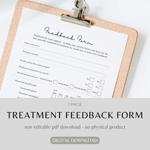Treatment feedback form  | salon spa feedback form | printable beauty treatment feedback form | beauty business forms | spa and salon forms