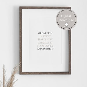 May include: A framed print with the text "Great skin doesn't happen by chance it happens by appointment." The print is in a brown frame and is hanging on a white wall.