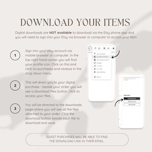 Pu&ograve; includere: Una guida con istruzioni su come scaricare articoli digitali da Etsy. Il testo recita &laquo;SCARICA I TUOI ARTICOLI&raquo; e fornisce passaggi con schermate di un'interfaccia di telefono cellulare. La guida spiega come accedere agli acquisti digitali tramite un browser o un computer.