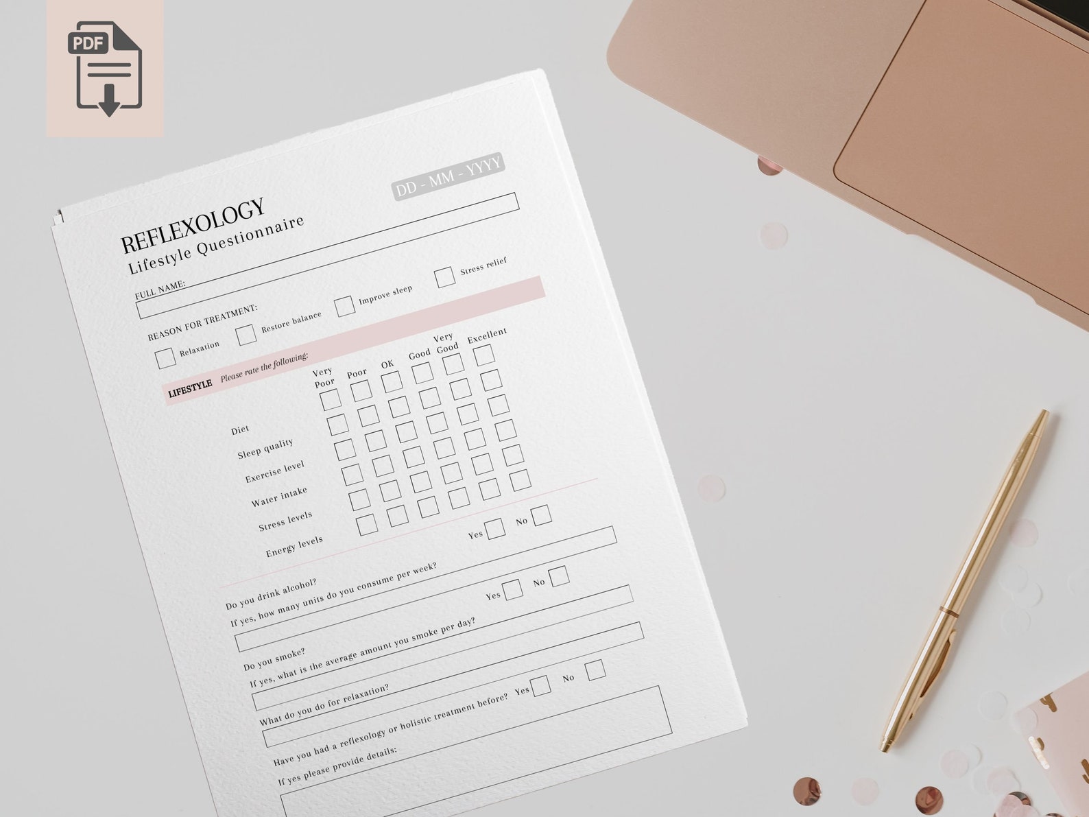 Reflexology Lifestyle Questionnaire Spa Health Questionnaire Salon Spa