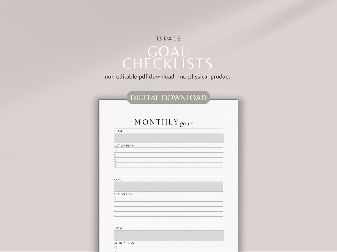 Monthly Printable Goal Checklists Goal Setting Lists Printable Digital