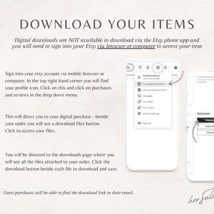 May include: A screenshot of a mobile phone showing how to download digital items purchased on Etsy. The steps are listed in a numbered format. The image includes the text "Download your items" and "herSalonShop".