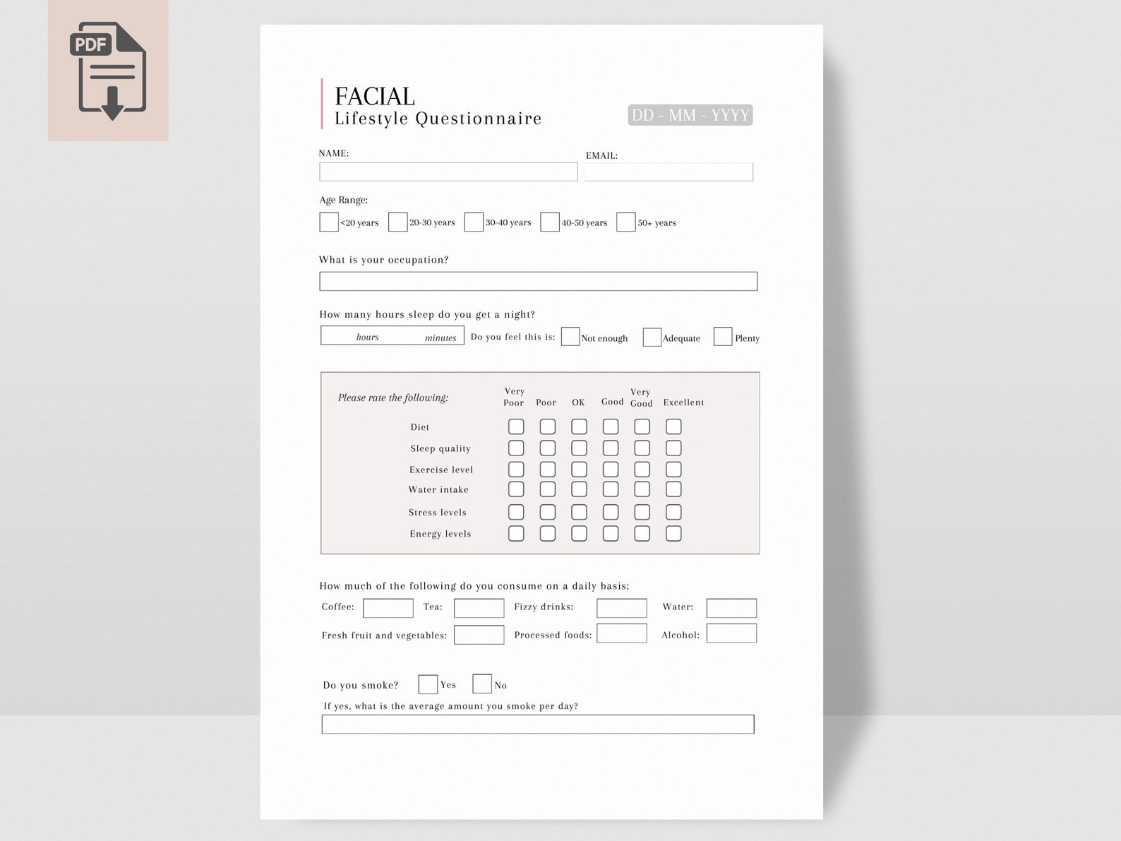 Facial Lifestyle Questionnaire | Facial Digital Client Intake Form ...