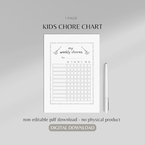 Kids weekly chore chart | kids printable chore chart | family home cleaning planner |  home planner for family | childrens chore chart