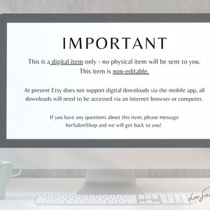 May include: A computer screen displaying a message about digital downloads. The message states that the item is a digital download only and no physical item will be sent. It also states that Etsy does not support digital downloads via the mobile app and that downloads will need to be accessed via an internet browser or computer. The message also includes contact information for the seller.