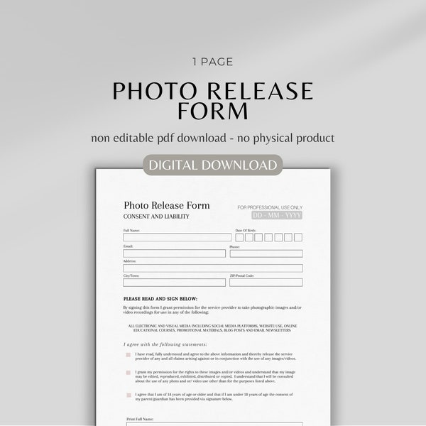 Salon photo release printable form | beauty photography release form | photo and video release waiver form | photo release waiver