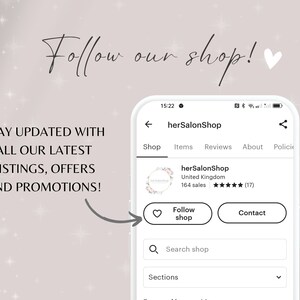 May include: A screenshot of a mobile phone displaying an Etsy shop page for herSalonShop. The shop has 164 sales and a 5-star rating. The page includes a button to follow the shop and a button to contact the shop. The text "Follow our shop!" is displayed above the phone screen.