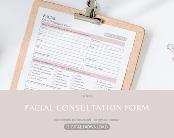 Facial consultation form | digital esthetician client intake form | printable facial consent form | salon beauty forms | instant download