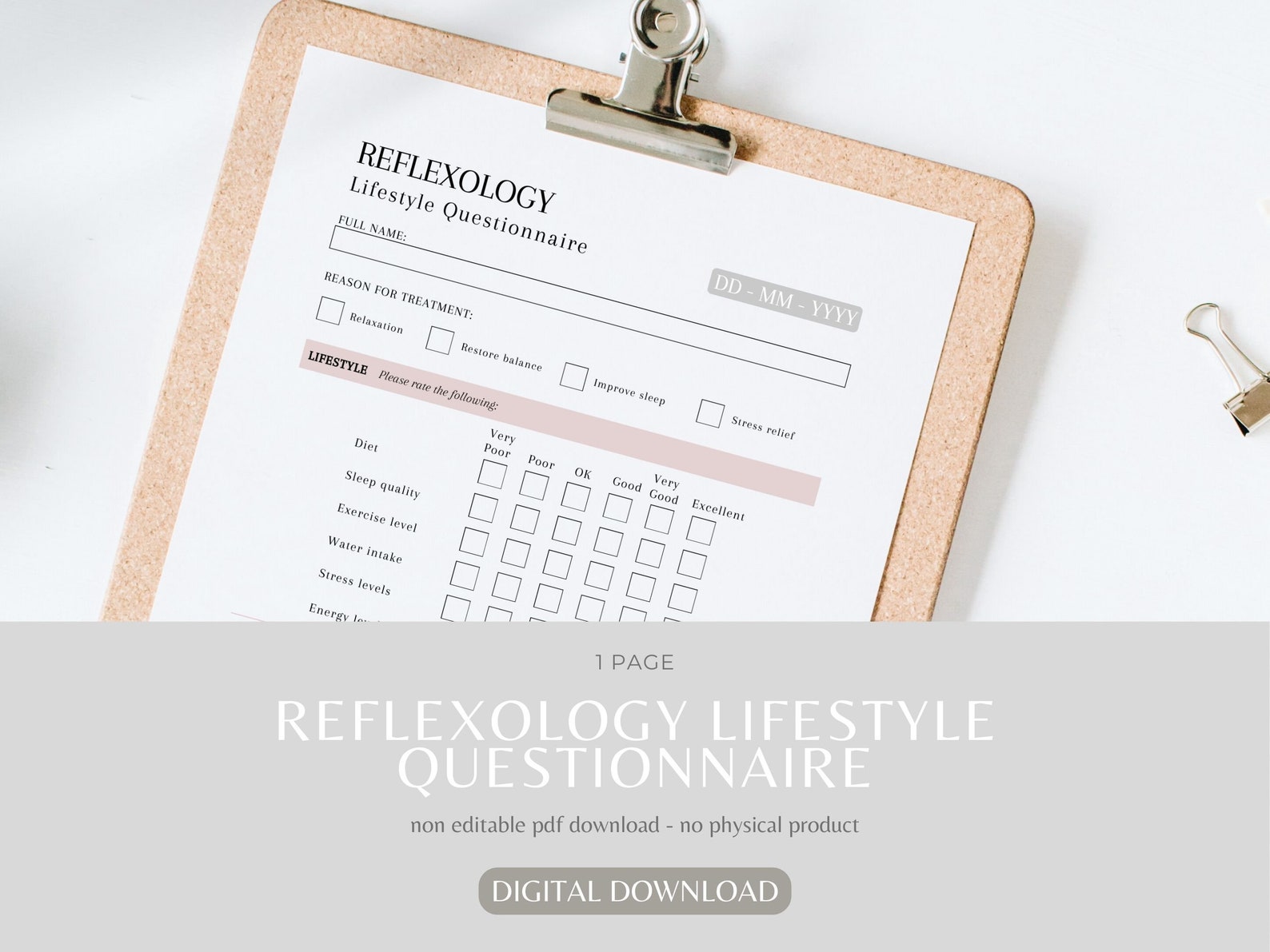 Reflexology Lifestyle Questionnaire Spa Health Questionnaire Salon Spa