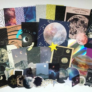 SPACE THEME BUNDLE | 45+ Pieces | Paper Junk Journal Kit | Night Sky Star Moon | Scrapbook Supplies | Spooky Penpal Gift | Craft Decorations