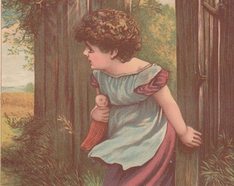 Litografía de una niña victoriana con su muñeca favorita, 1885.