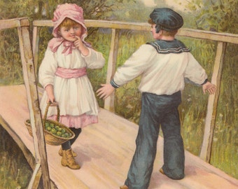 Victorian Girl Crossing Bridge Carrying Basket of Apples Fruit Boy in Sailor Suit Art Print Antique Lithograph 1897