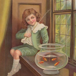 Angler Boy with Fishing Pole Fishing for Goldfish in His Goldfish Bowl Art Print Antique Lithograph 1901