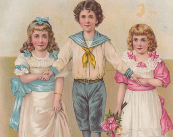 Lovely Victorian Girls with Boy Dressed in Sailor Suit Victorian Children Art Print Antique Lithograph 1883