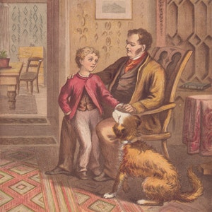 Retriever Dog Sitting With Little Boy & Father Antique Lithograph Art Print 1878