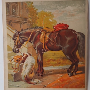 Postman's Horse with Spaniel Dog Antique Lithograph 1872 John Herring Horse Art
