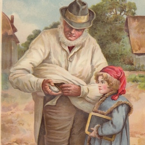 Man with Early Pocket Watch Telling Little School Girl the Time Art Print Antique Lithograph 1900