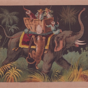 Può includere: Illustrazione antica raffigurante un elefante che trasporta un carro di legno con persone. Una tigre si arrampica sul fianco dell'elefante. La scena è ambientata in una giungla con vegetazione lussureggiante e palme, su sfondo scuro.