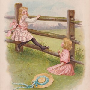 Little Girls Playing in Meadow Art Print Antique Lithograph 1904