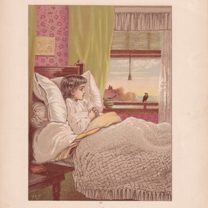 Sweet Little Bird Greeting Girl Good Morning Antique Lithograph Art Print 1885