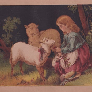 Victorian Girl Feeding Lamb Sheep Animals Rare Antique Art Print Lithograph 1865