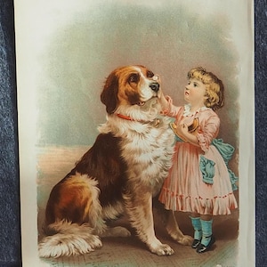 Victorian Lithograph Girl With Dog - Etsy