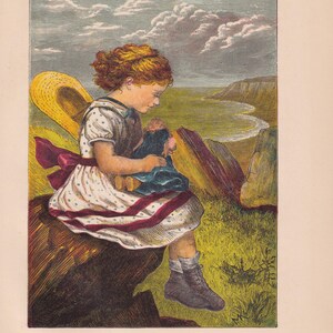 Victorian Girl in Meadow with Beloved Doll Antique Art color Print 1882