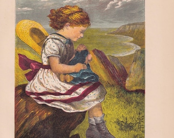 Niña victoriana en un prado con su muñeca amada. Impresión artística antigua en color, 1882.