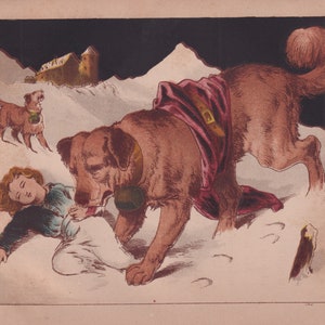 Saint Bernard Dogs with Brandy Keg Rescue Boy Lithograph Dog Art Print 1865