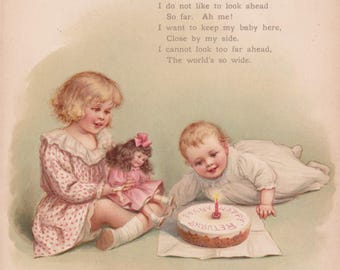 Baby's 1e verjaardag meisje met pop antieke prent lithografie 1909