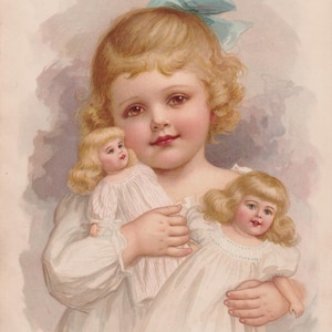 Early Girl Holding her Beloved Dolls Art Print Antique Lithograph 1909