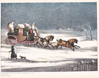 Antique Horse Drawn Mail Coach Delivering in Snow Christmas Day Print 1927