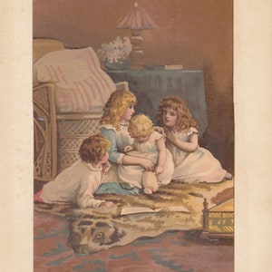 Victorian Children Playing Antique Lithograph 1887