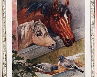 Antique Horses with Pigeon Birds Print 1920's