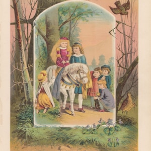 Equestrian Girl Riding White Pony Horse Sidesaddle Side Saddle Victorian Children Birds Art Print Antique Lithograph 1885