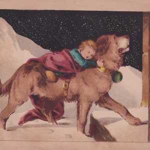 Saint Bernard Dog with Brandy Keg Rescuing Lost Boy Antique Art Print Lithograph Art Print 1865
