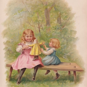 Edwardian Girls Playing with Doll Art Print Antique Lithograph 1909