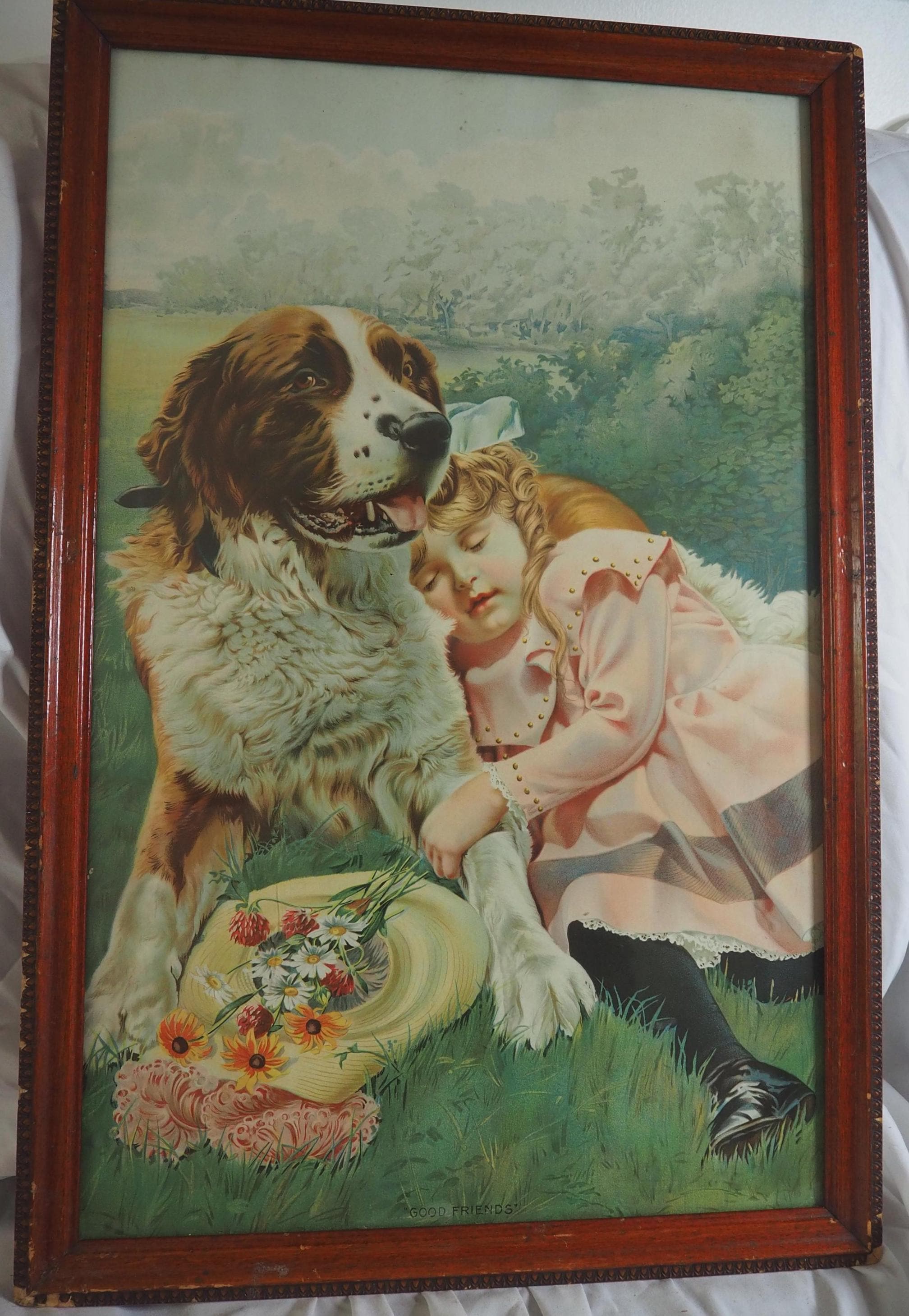 Victorian Lithograph Girl With Dog - Etsy