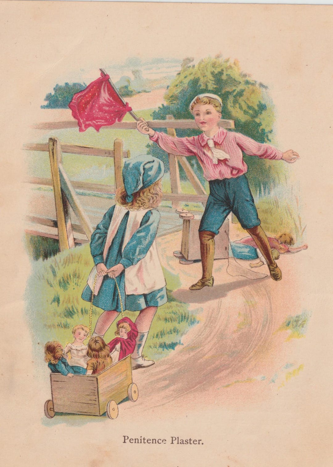 Victorian Girl Pulling Wagon With Dolls Antique Chromolithograph Print ...