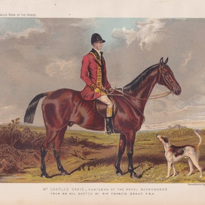 Early Equestrian Horse Lithograph Huntsman Foxhound Dog Fox Hunting Equine Animals Art Antique Print 1873