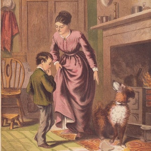 Retriever Dog With Little Boy & Lady By Fireplace Stove Victorian Kitchen Pets Animals Antique Dog Lithograph Art Print 1878