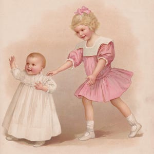Little Girl Playing with Baby Sister Art Print Antique Lithograph 1904