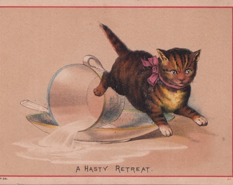 Victorian Cats Tabby Kitten Spilling Cup of Milk Antique Trade Card 1890s