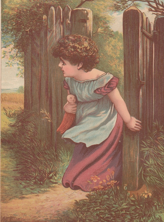 【antique doll】lithograph vintage Victorian Girl Carrying Her Beloved Doll Antique Dolls Art